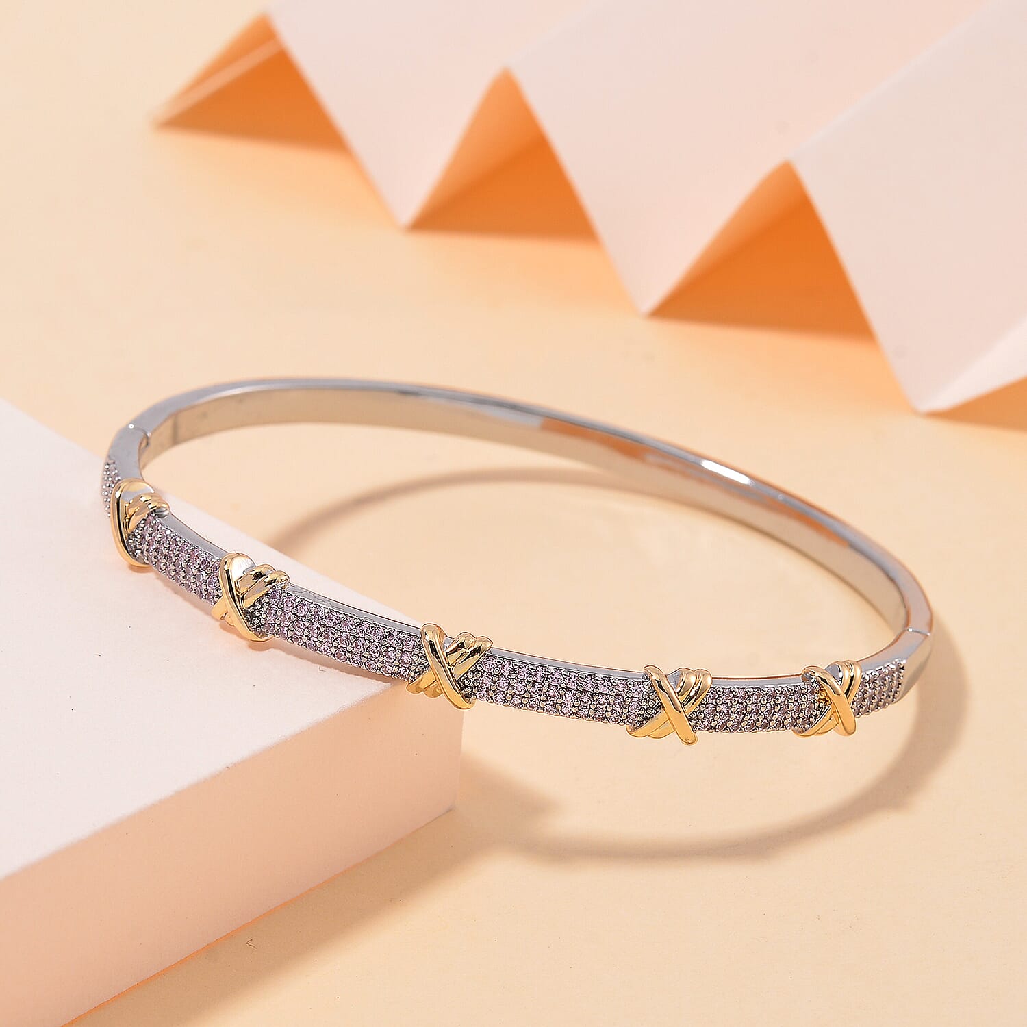 Pink Cubic Zirconia Criss Cross Bangle (Size - 7.5) 10.00 Ct.