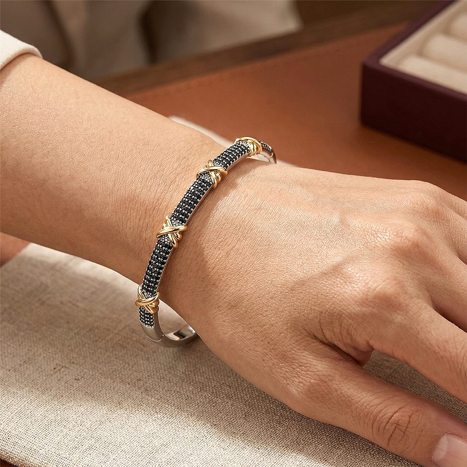 Black Cubic Zirconia Criss Cross Bangle (Size - 7.5) 10.00 Ct.