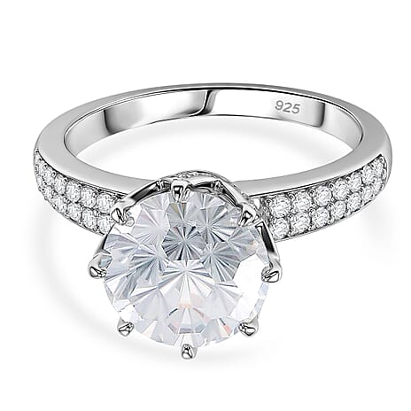 D'Joy GRA Certified Moissanite (VVS-D) Solitaire Ring in Rhodium Overlay Sterling Silver 3.00 Ct.