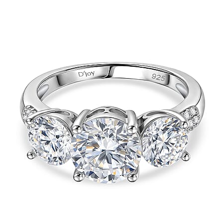 D'Joy - GRA Certified ( D-VVS1 ) Moissanite Trilogy Ring in Rhodium Overlay Sterling Silver 3.52 Ct. D'Joy - GRA Certified ( D-VVS1 ) Moissanite Trilogy Ring in Rhodium Overlay Sterling Silver 3.52 Ct.