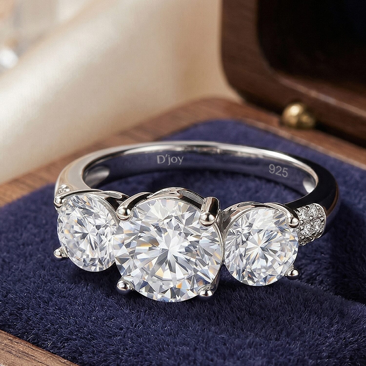 D'Joy - GRA Certified Moissanite Trilogy Ring in Rhodium Overlay Sterling Silver 3.52 Ct.