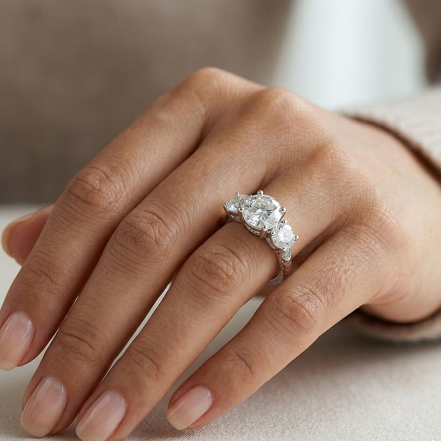 D'Joy - GRA Certified Moissanite Trilogy Ring in Rhodium Overlay Sterling Silver 3.52 Ct.