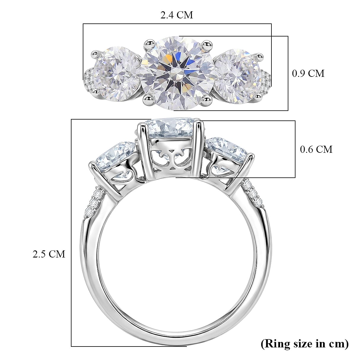 D'Joy - GRA Certified Moissanite Trilogy Ring in Rhodium Overlay Sterling Silver 3.52 Ct.
