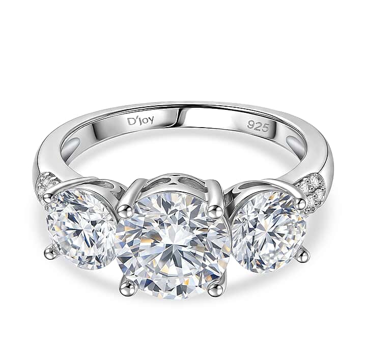 D'Joy - GRA Certified ( D-VVS1 ) Moissanite Trilogy Ring in Rhodium Overlay Sterling Silver 3.52 Ct.