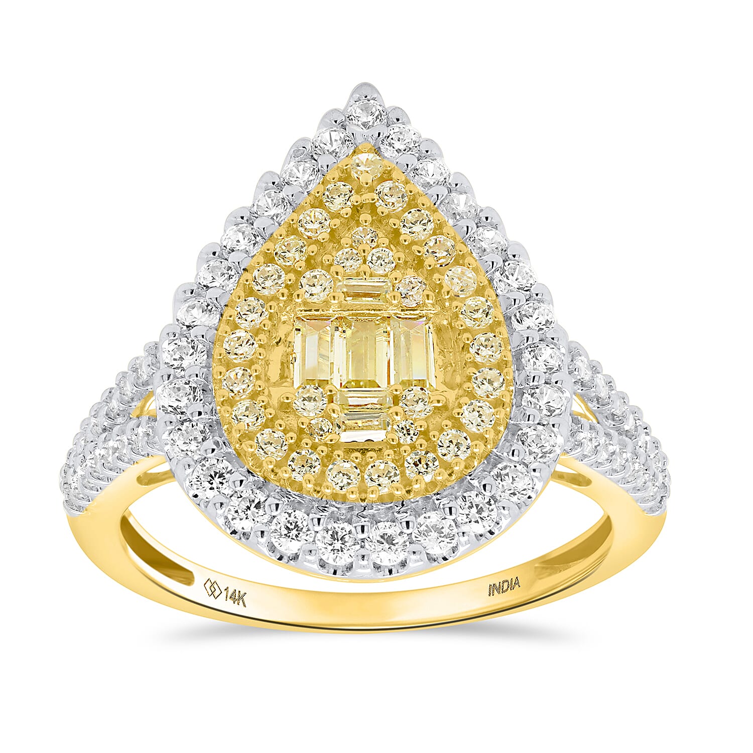 NY Closeout Deal - 14K Yellow Gold Earth Mined Arygle Yellow Diamond and  White Diamond Pear Ring 1.00 Ct, Gold Wt. 3.50 Gms