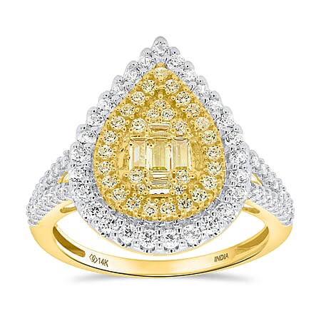 NY Closeout Deal - 14K Yellow Gold Earth Mined Arygle Yellow Diamond and  White Diamond Pear Ring 1.00 Ct, Gold Wt. 3.50 Gms