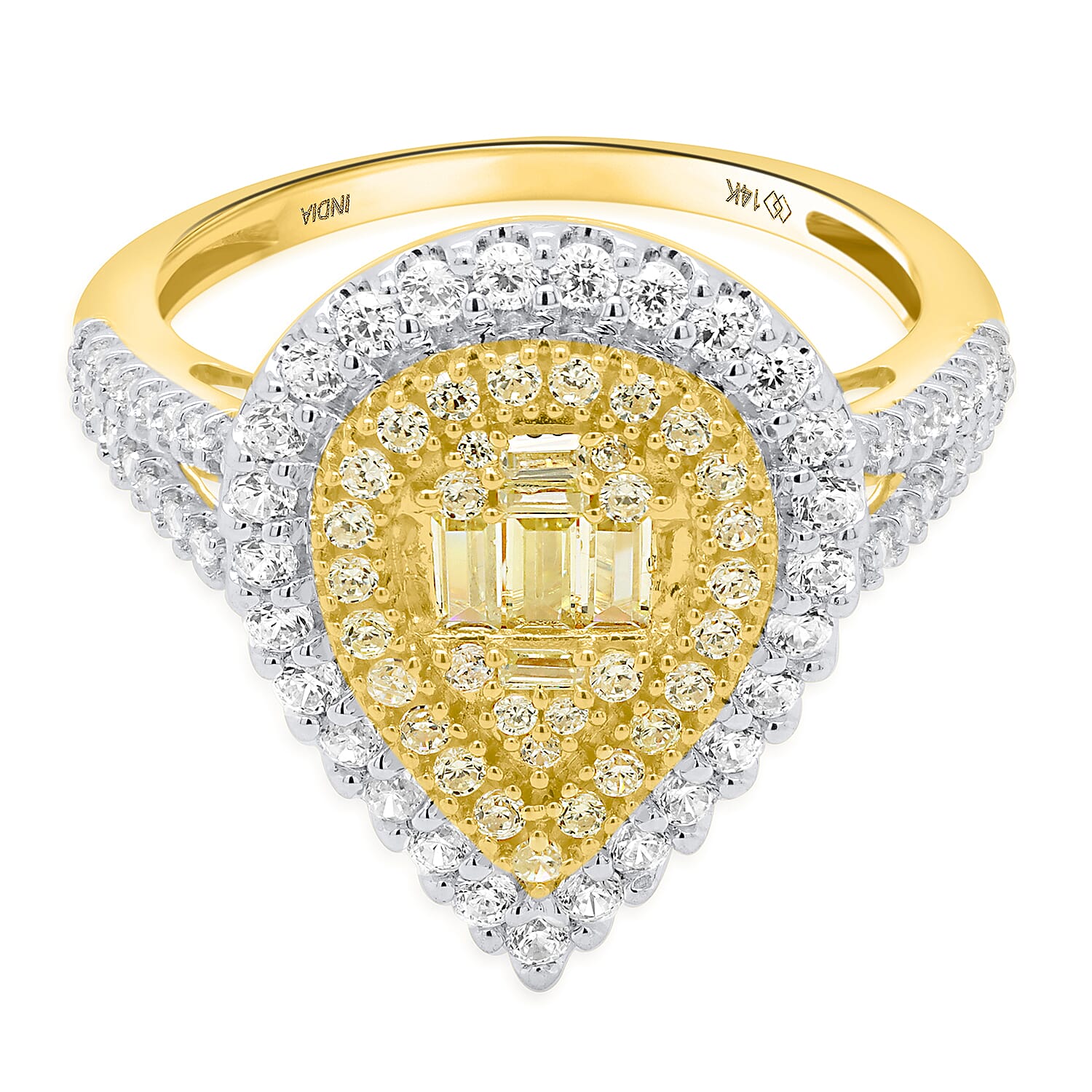 NY Closeout Deal - 14K Yellow Gold Earth Mined Arygle Yellow Diamond and  White Diamond Pear Ring 1.00 Ct, Gold Wt. 3.50 Gms
