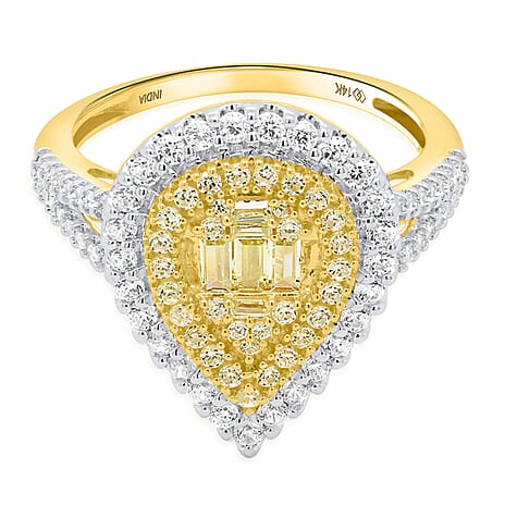 NY Closeout Deal - 14K Yellow Gold Earth Mined Arygle Yellow Diamond and  White Diamond Pear Ring 1.00 Ct, Gold Wt. 3.50 Gms
