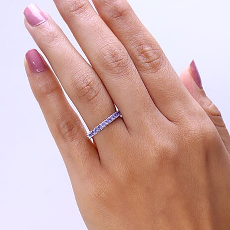 D'Joy Tanzanite Half Eternity Band Ring in Rhodium Overlay Sterling Silver