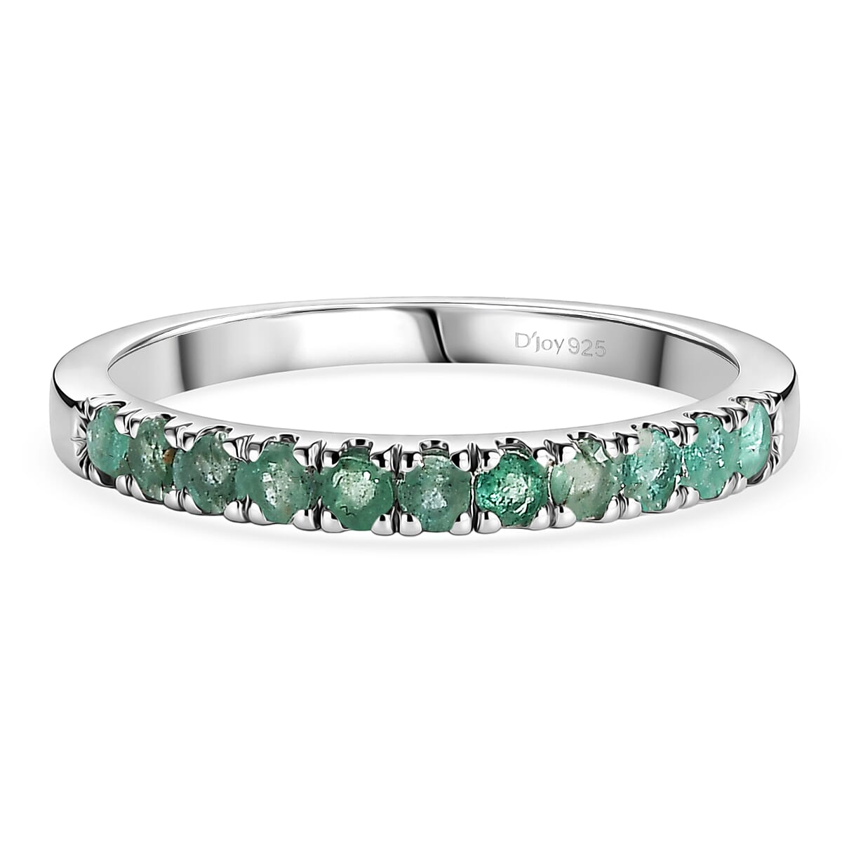 D'Joy Zambian Emerald Half Eternity Band Ring in Rhodium Overlay Sterling Silver