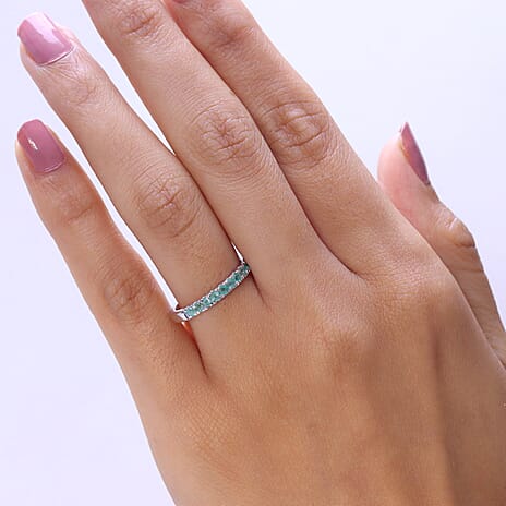 D'Joy Zambian Emerald Half Eternity Band Ring in Rhodium Overlay Sterling Silver