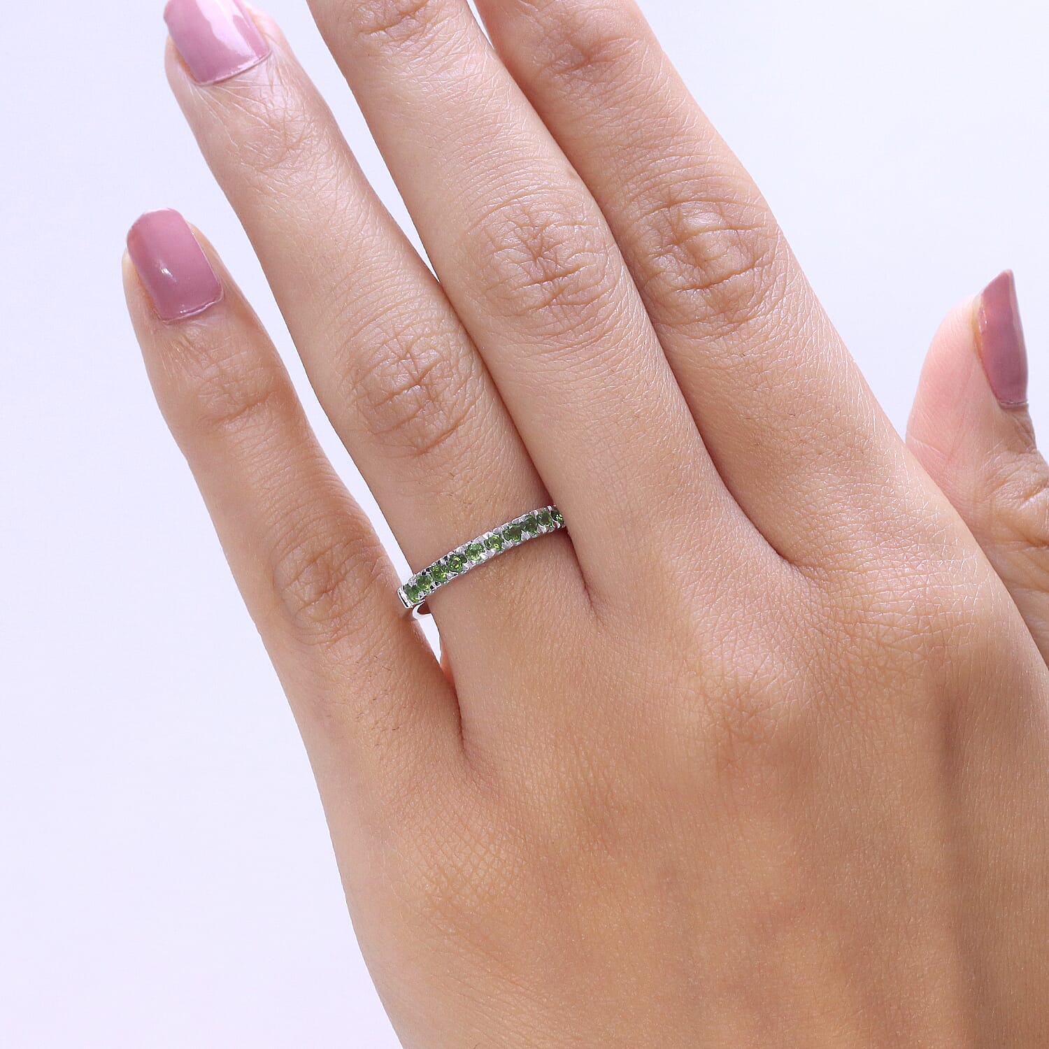 D'Joy Natural Chrome Diopside Half Eternity Band Ring in Rhodium Overlay Sterling Silver