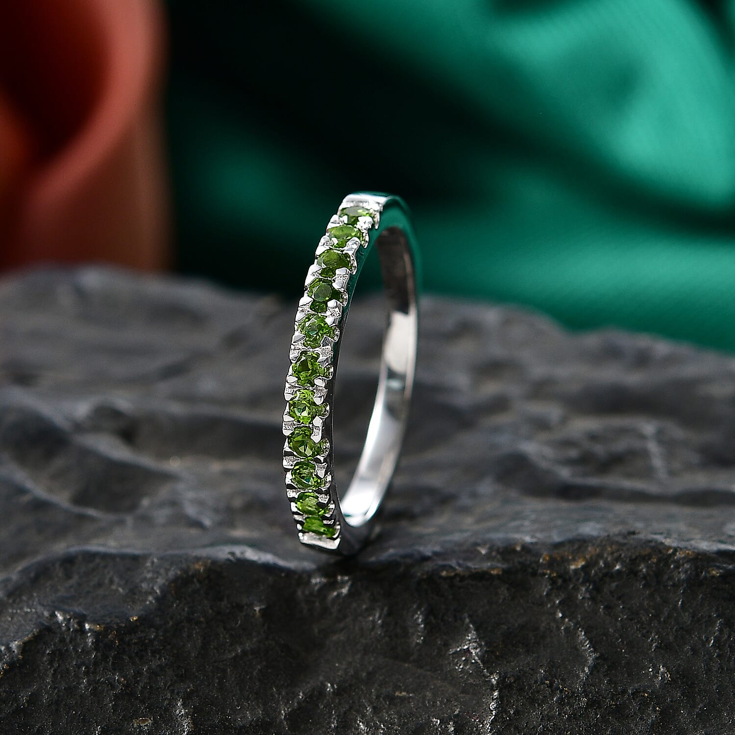 D'Joy Natural Chrome Diopside Half Eternity Band Ring in Rhodium Overlay Sterling Silver