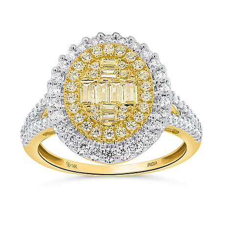 NY Closeout Deal - 14K Yellow Gold Natural White Diamond & Natural Yellow Diamond Oval Ring 1.00 Ct, Gold Wt. 3.50 Gms