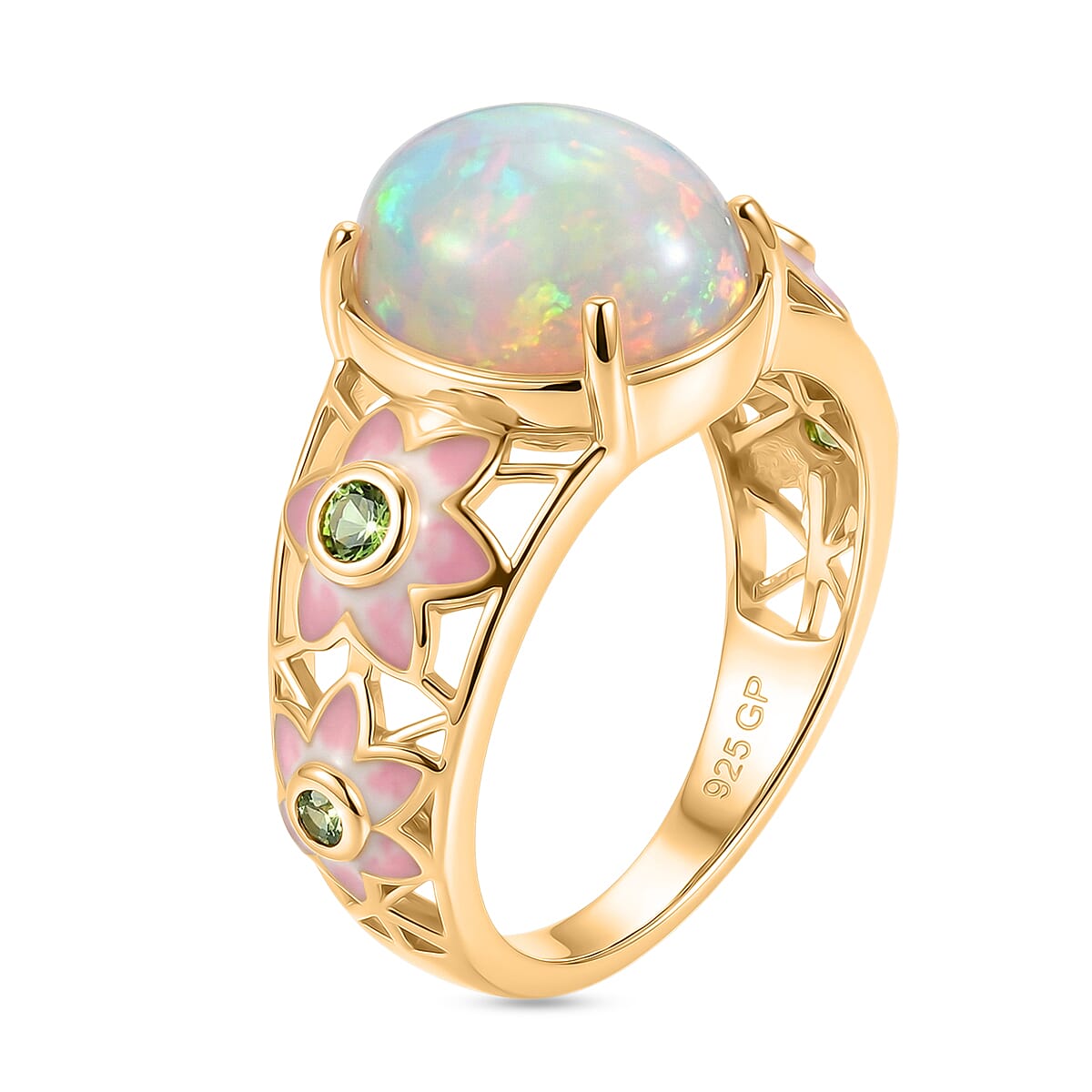 GP - AAA Ethiopian Opal, Natural Chrome Diopside & Kanchanaburi Blue Sapphire Ring in 18K Vermeil Yellow Gold Plated Sterling Silver 3.46 Ct.
