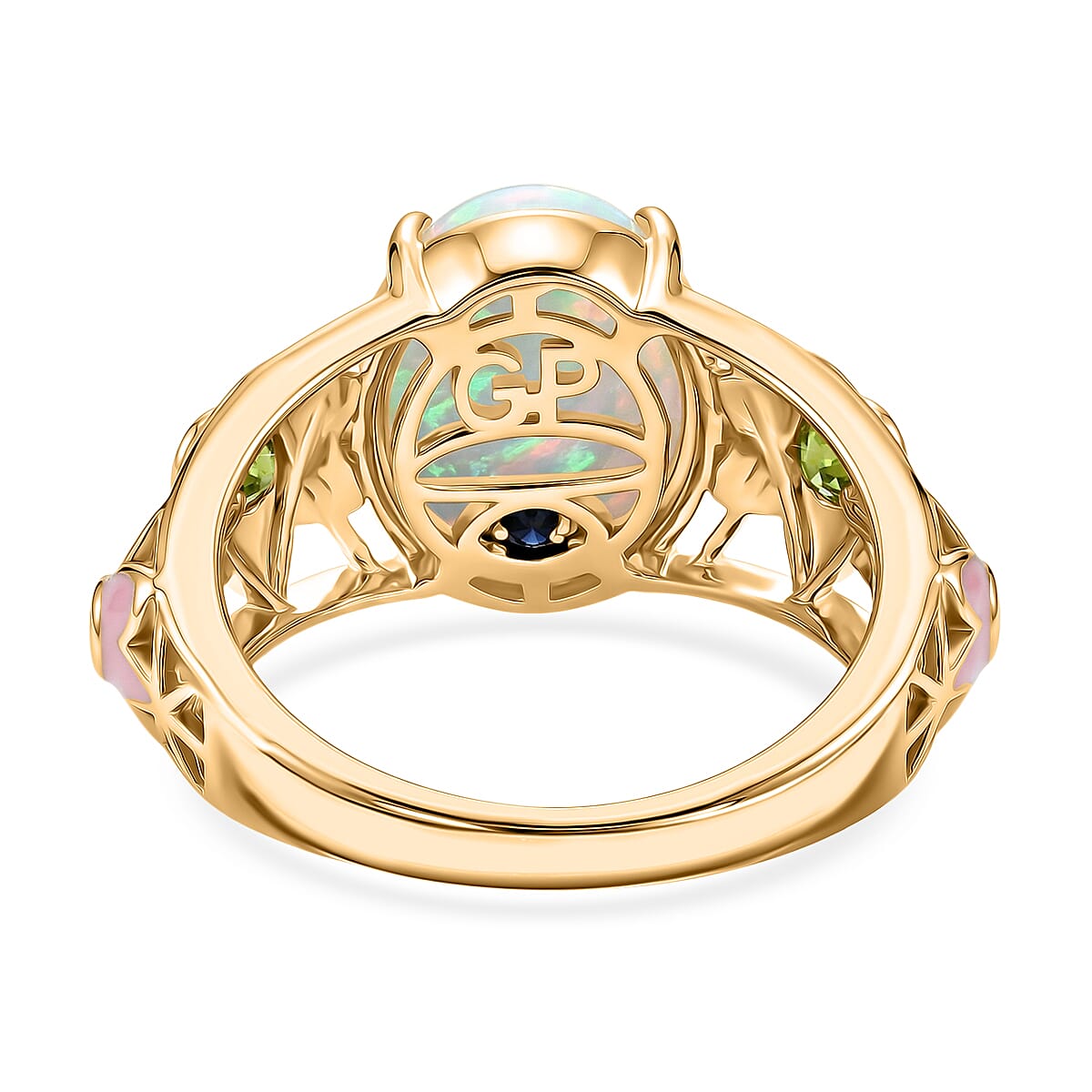GP - AAA Ethiopian Opal, Natural Chrome Diopside & Kanchanaburi Blue Sapphire Ring in 18K Vermeil Yellow Gold Plated Sterling Silver 3.46 Ct.
