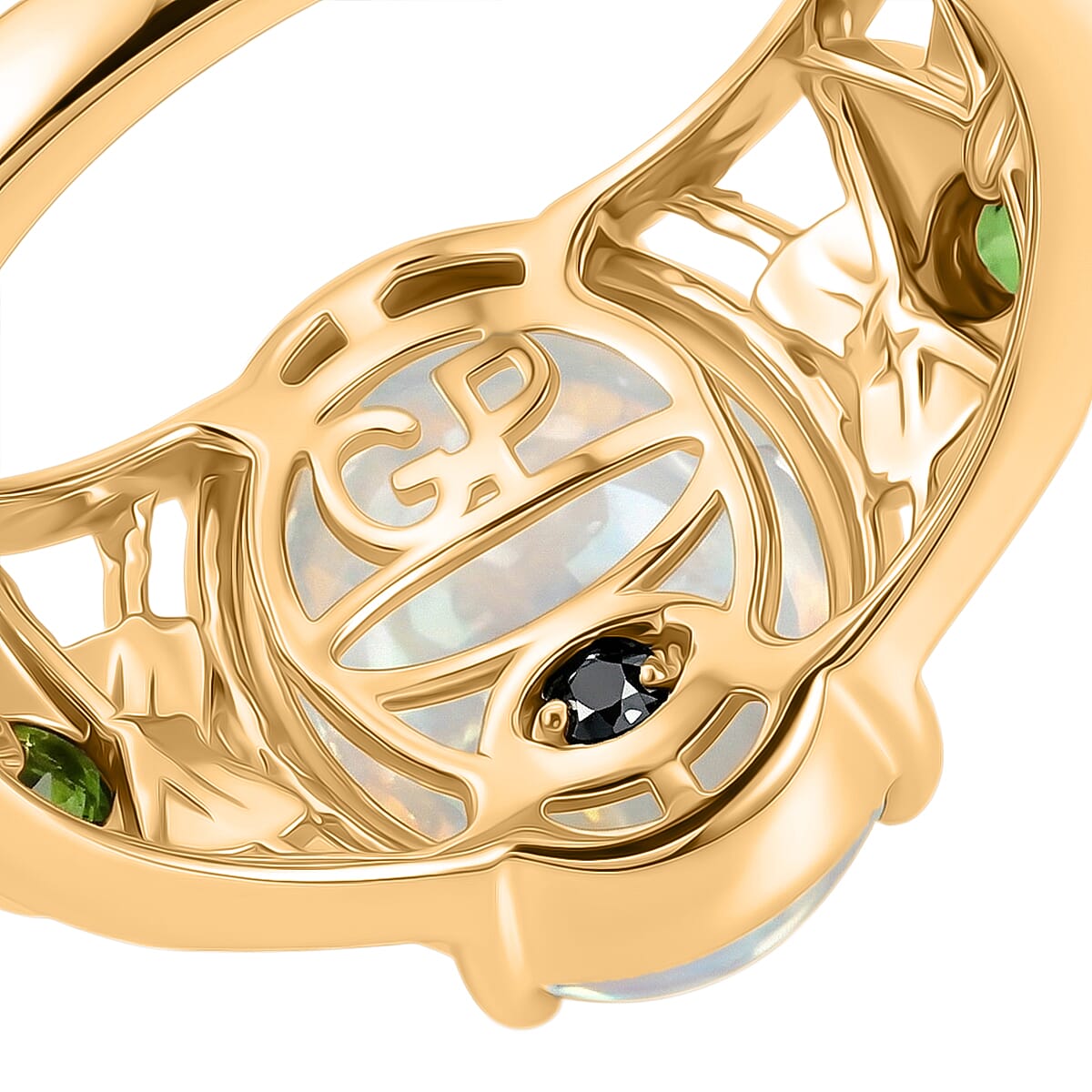 GP - AAA Ethiopian Opal, Natural Chrome Diopside & Kanchanaburi Blue Sapphire Ring in 18K Vermeil Yellow Gold Plated Sterling Silver 3.46 Ct.