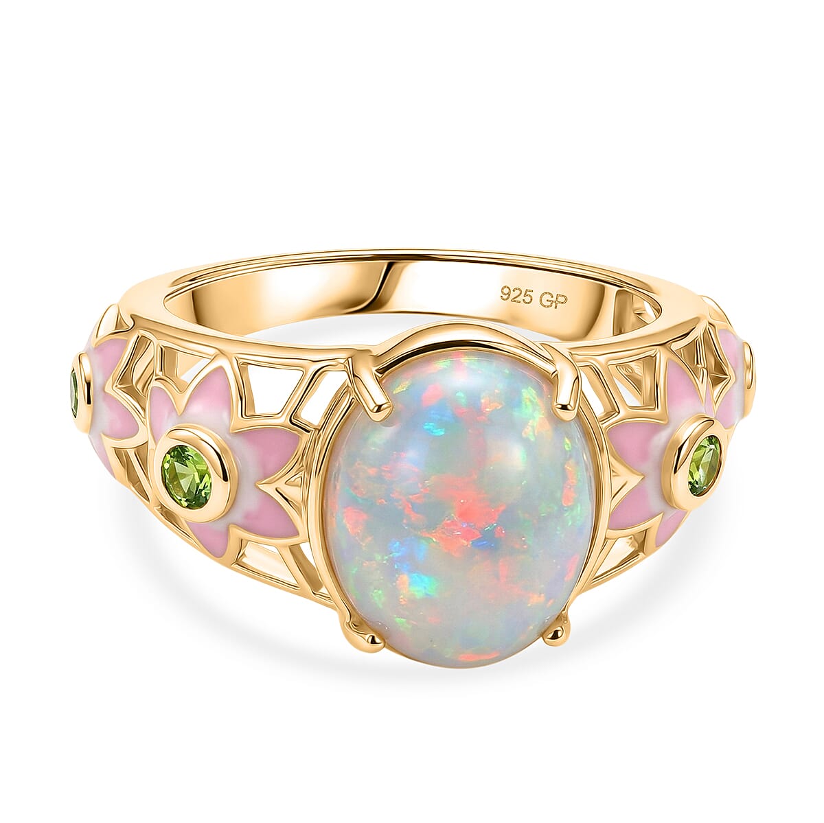 GP - AAA Ethiopian Opal, Natural Chrome Diopside & Blue Sapphire Ring in 18K Vermeil Yellow Gold Plated Sterling Silver 3.46 Ct.