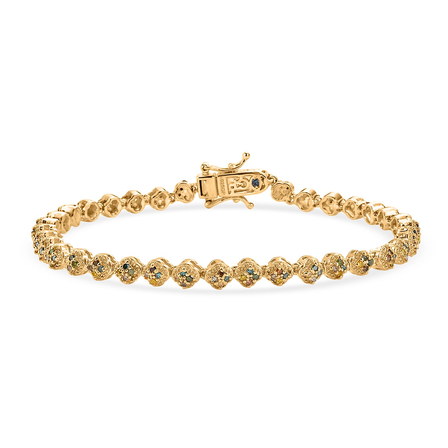 GP - Multi Diamond & Blue Sapphire Tennis Bracelet (Size - 7.5) with GB Lock Box in 18K Vermeil Yellow Gold Plated Sterling Silver 1.00 Ct, Silver Wt. 9.85 Gms