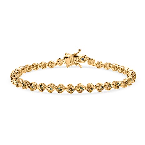 GP - Multi Diamond & Blue Sapphire Tennis Bracelet (Size - 7.5) with GB Lock Box in 18K Vermeil Yellow Gold Plated Sterling Silver 1.00 Ct, Silver Wt. 9.85 Gms
