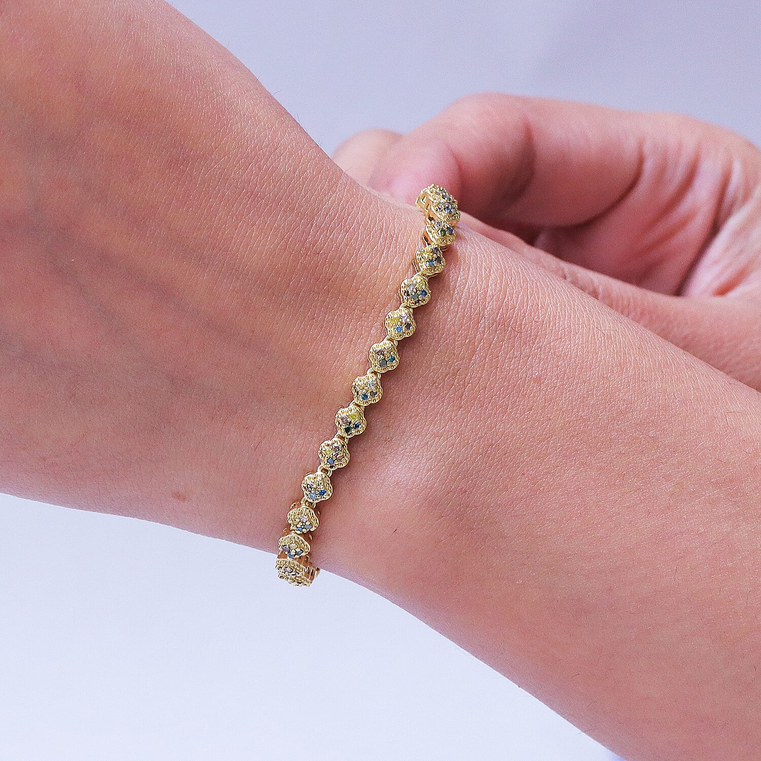 GP - Multi Diamond & Blue Sapphire Tennis Bracelet (Size - 7.5) with GB Lock Box in 18K Vermeil Yellow Gold Plated Sterling Silver 1.00 Ct, Silver Wt. 9.85 Gms