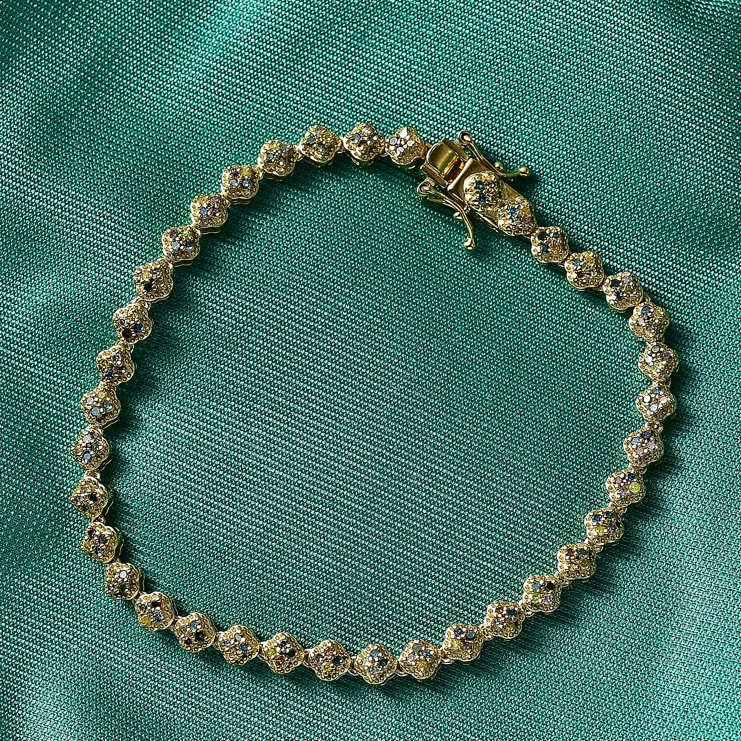 GP - Multi Diamond & Blue Sapphire Tennis Bracelet (Size - 7.5) with GB Lock Box in 18K Vermeil Yellow Gold Plated Sterling Silver 1.00 Ct, Silver Wt. 9.85 Gms