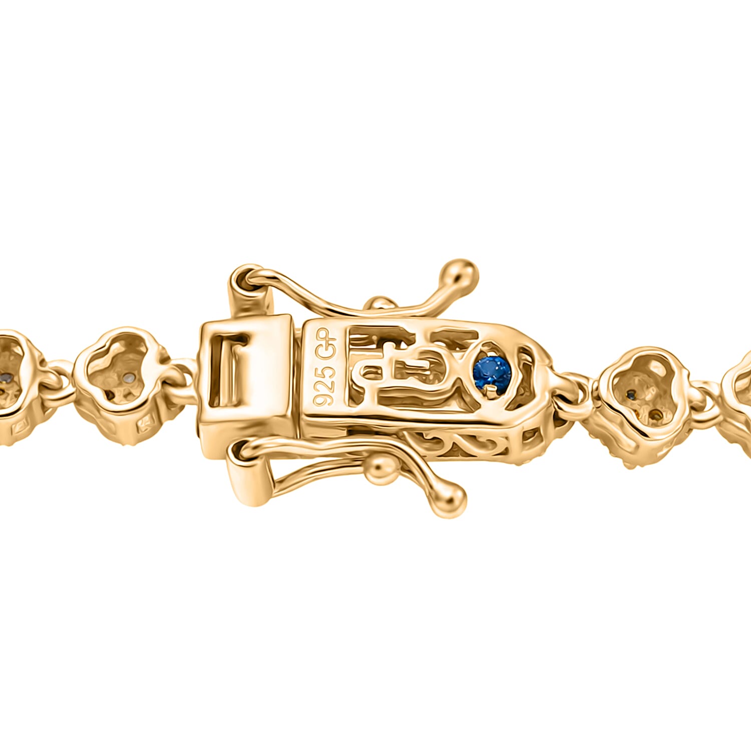 GP - Multi Diamond & Blue Sapphire Tennis Bracelet (Size - 7.5) with GB Lock Box in 18K Vermeil Yellow Gold Plated Sterling Silver 1.00 Ct, Silver Wt. 9.85 Gms