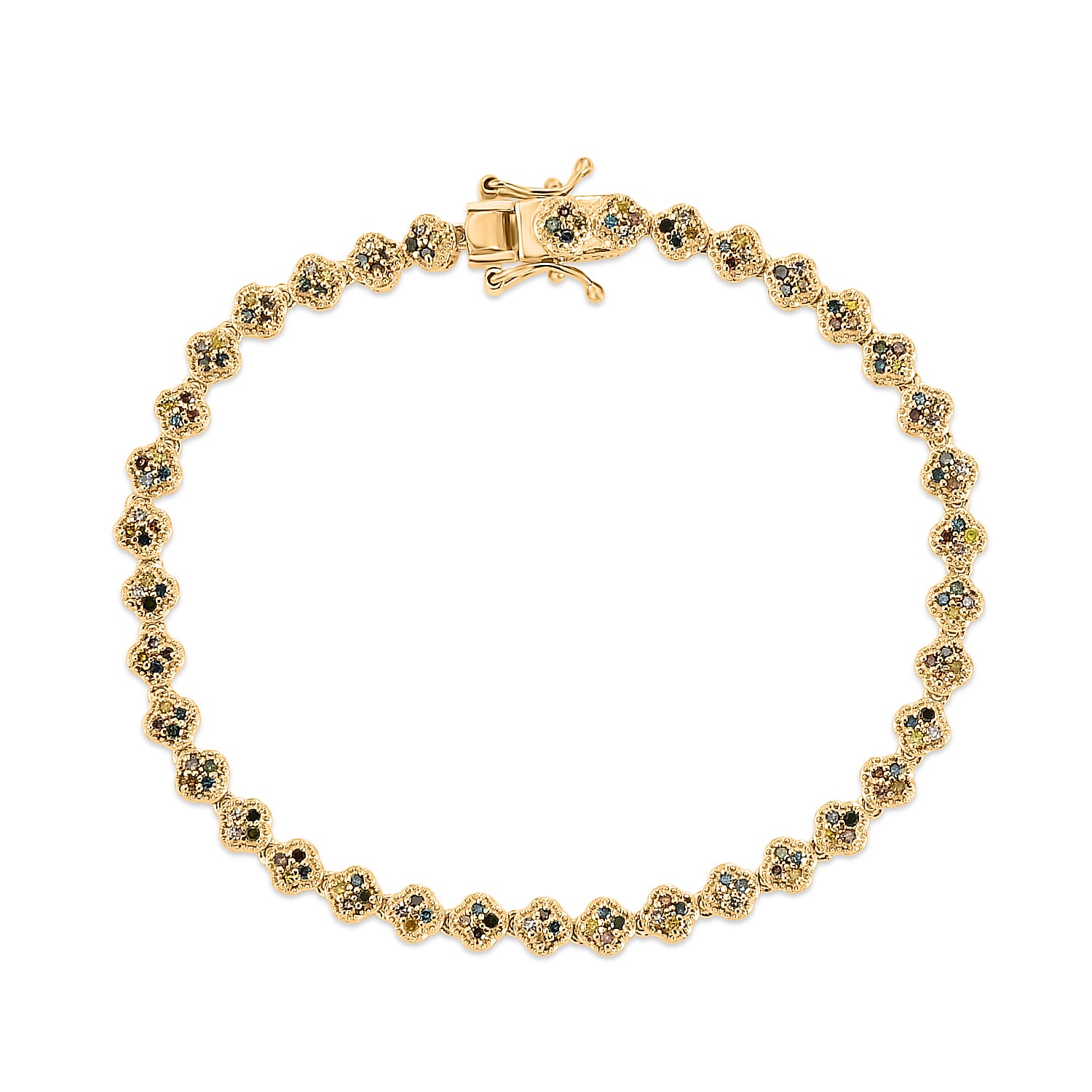 GP - Multi Diamond & Blue Sapphire Tennis Bracelet (Size - 7.5) with GB Lock Box in 18K Vermeil Yellow Gold Plated Sterling Silver 1.00 Ct, Silver Wt. 9.85 Gms