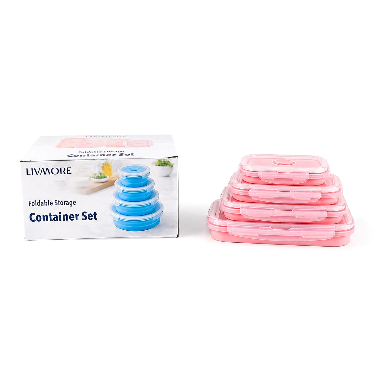 LIVMORE Set of 4 Food-Grade Silicone Collapsible Bowls (350ml-1200ml) - Microwave, Freezer & Dishwasher Safe Stackable Meal Prep Containers - Pink