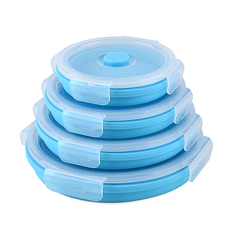 LIVMORE Set of 4 Food-Grade Silicone Collapsible Bowls (350ml-1200ml) - Microwave, Freezer & Dishwasher Safe Stackable Meal Prep Containers - Blue