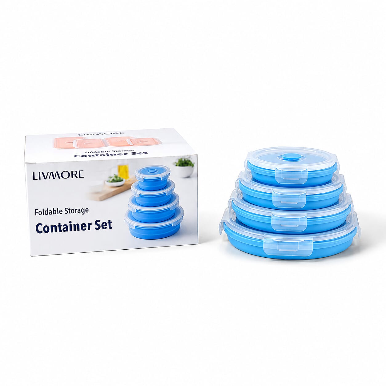 LIVMORE Set of 4 Food-Grade Silicone Collapsible Bowls (350ml-1200ml) - Microwave, Freezer & Dishwasher Safe Stackable Meal Prep Containers - Blue