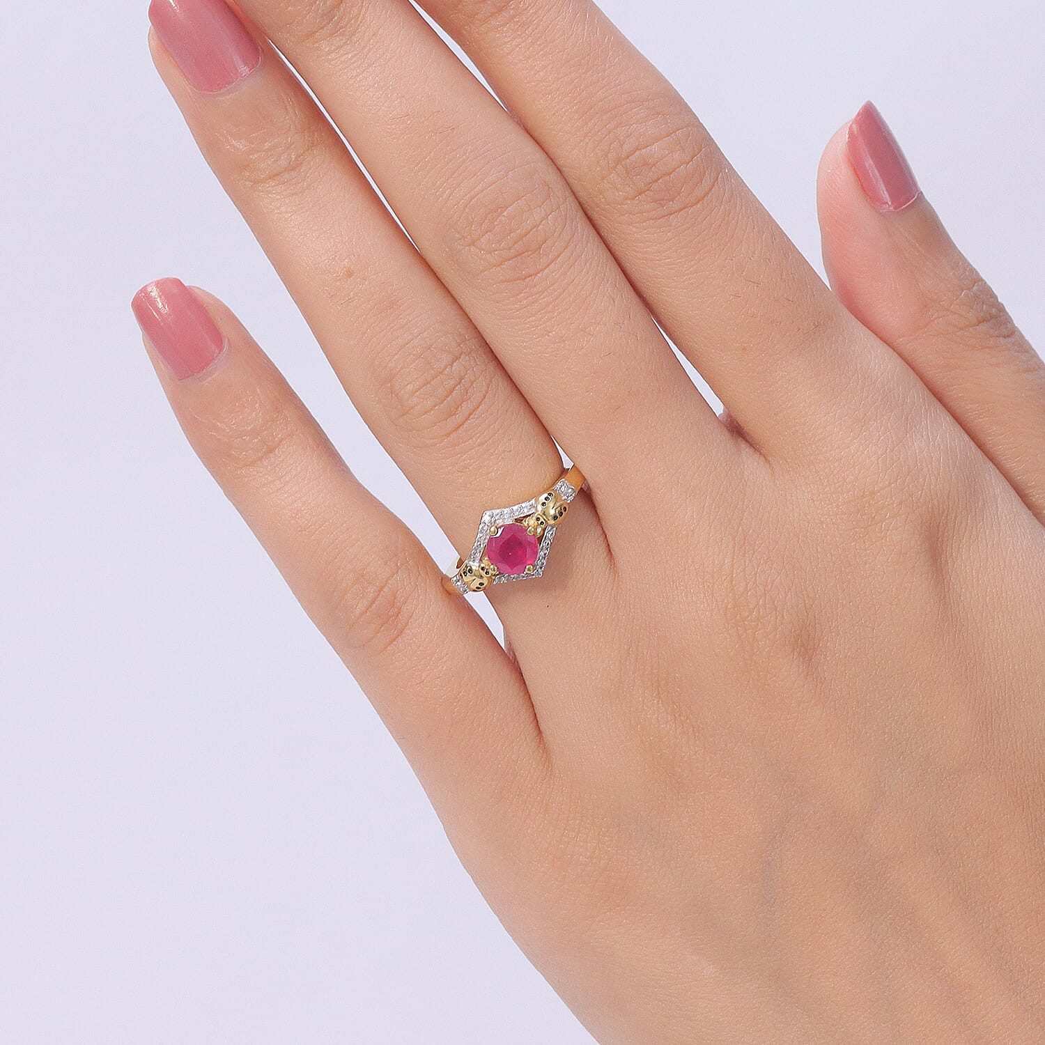 GP African Ruby, White Zircon & Kanchanaburi Blue Sapphire Ring in 18K Vermeil Yellow Gold Plated Sterling Silver 1.44 Ct.