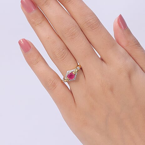 GP African Ruby, White Zircon & Kanchanaburi Blue Sapphire Ring in 18K Vermeil Yellow Gold Plated Sterling Silver 1.44 Ct.