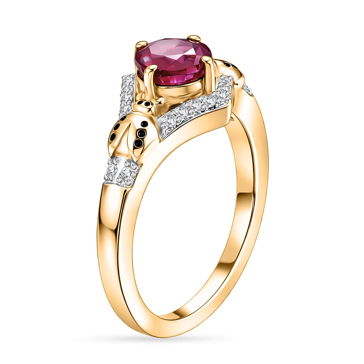 GP African Ruby, White Zircon & Kanchanaburi Blue Sapphire Ring in 18K Vermeil Yellow Gold Plated Sterling Silver 1.44 Ct.