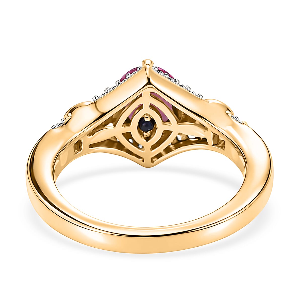 GP African Ruby, White Zircon & Kanchanaburi Blue Sapphire Ring in 18K Vermeil Yellow Gold Plated Sterling Silver 1.44 Ct.