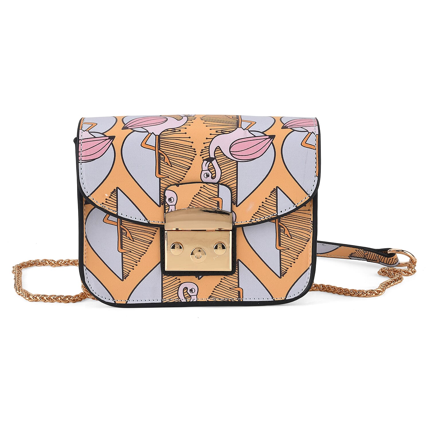 Designer Inspired - Pink Flamingo Print Shoulder Bag with Chain Strap - Blue & Yellow