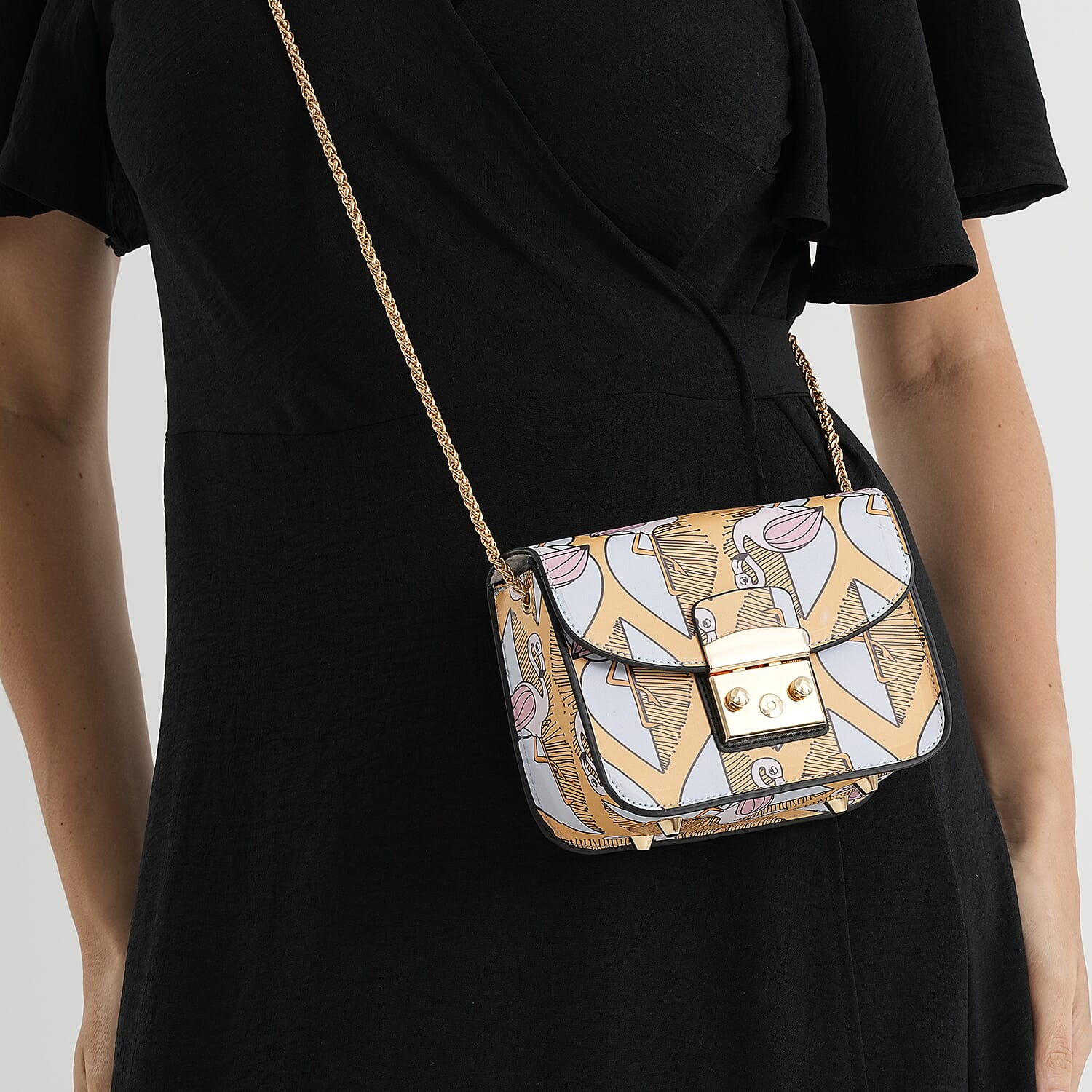 Designer Inspired - Pink Flamingo Print Shoulder Bag with Chain Strap - Blue & Yellow