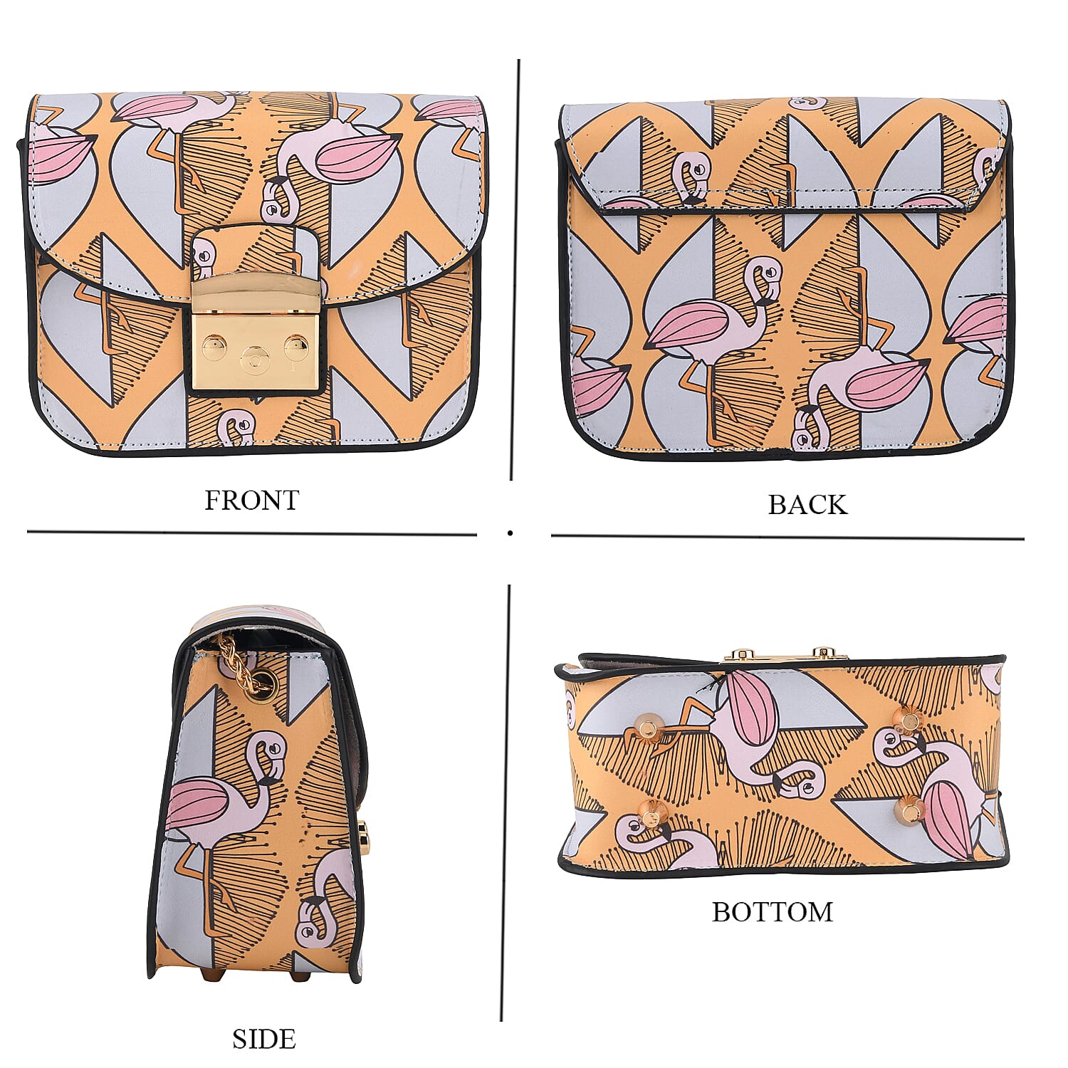 Designer Inspired - Pink Flamingo Print Shoulder Bag with Chain Strap - Blue & Yellow