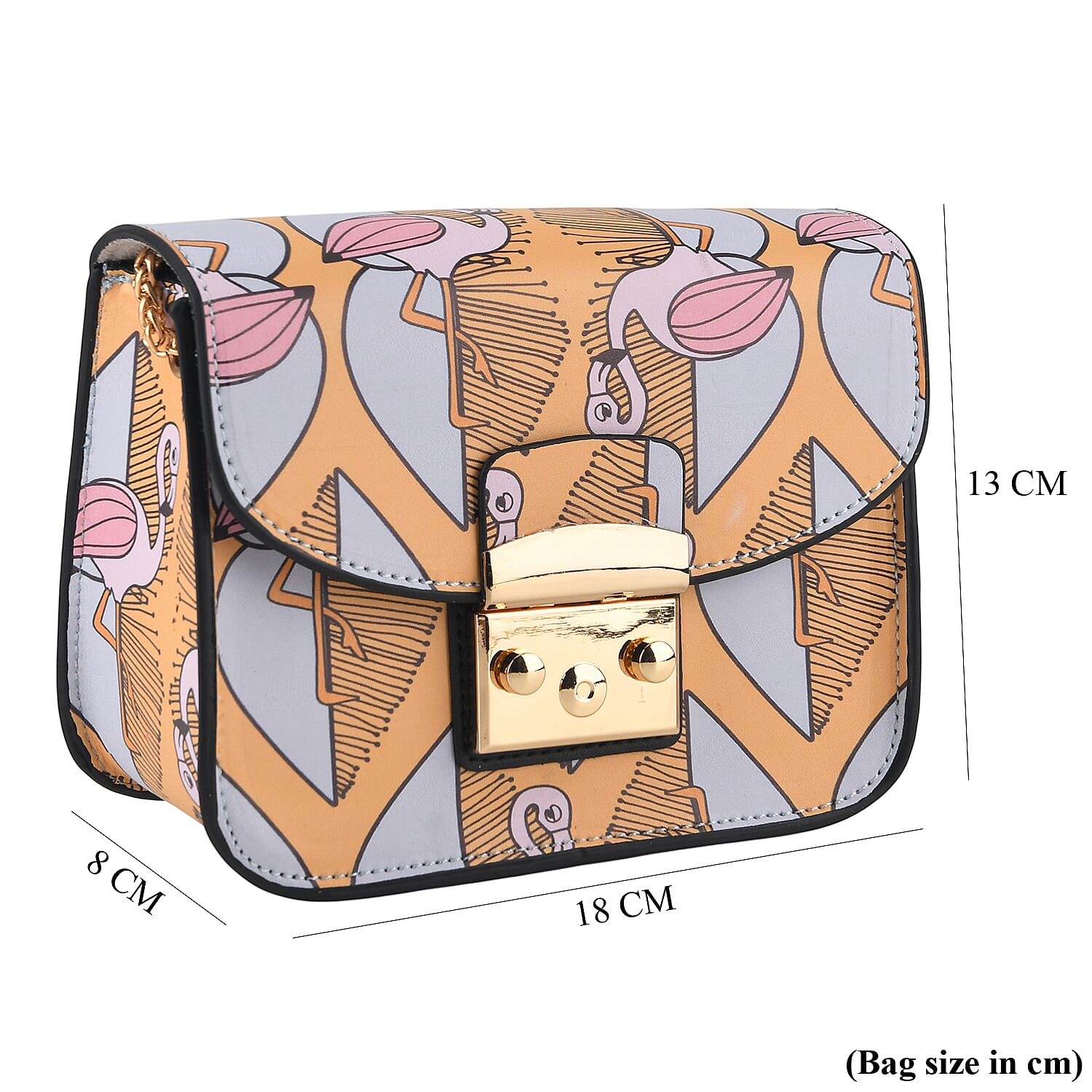 Designer Inspired - Pink Flamingo Print Shoulder Bag with Chain Strap - Blue & Yellow