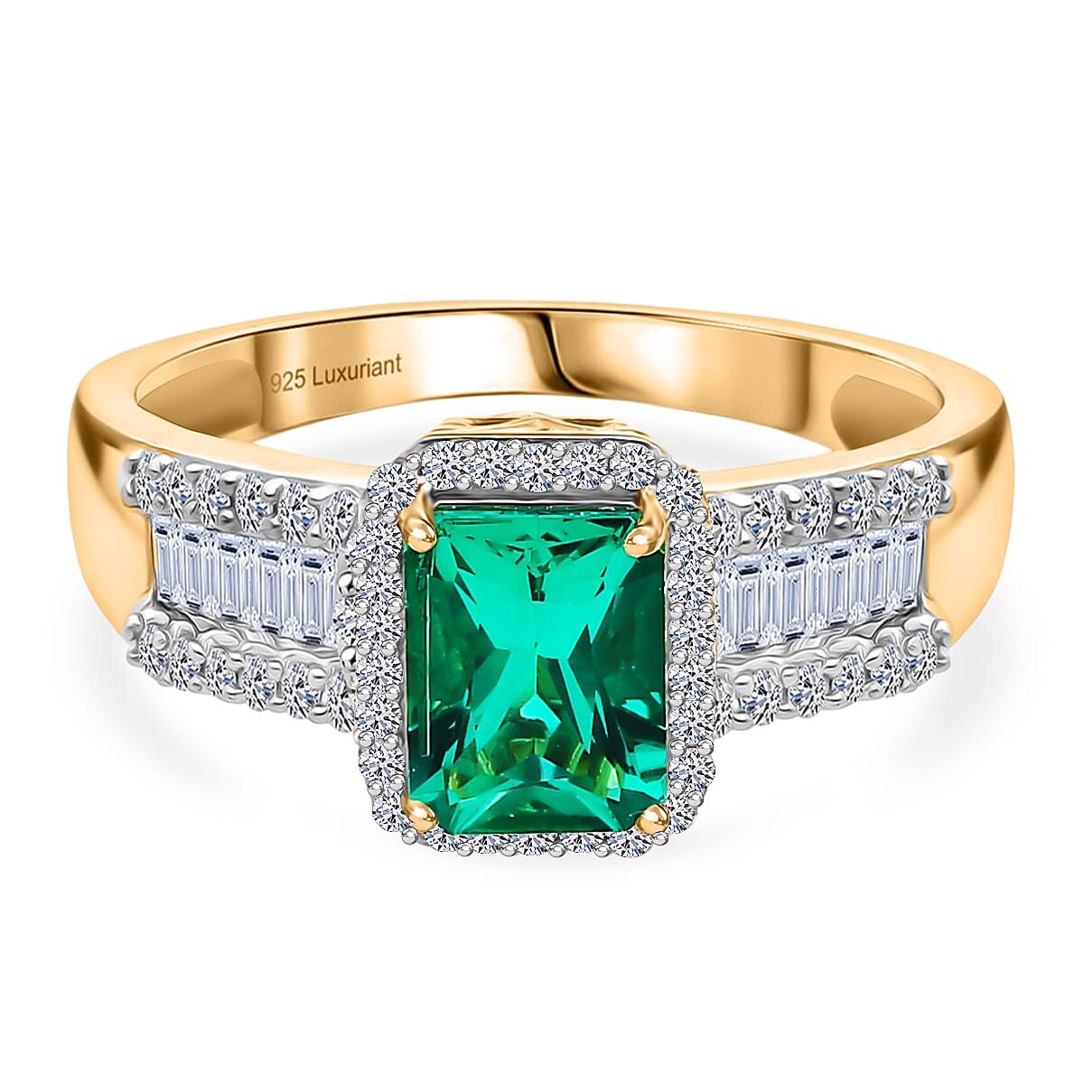 TJC 20th Brithday Deal- AAA Lab Grown Columbian Emerald  (1.30 Cts) & Lab Grown Diamond SI-GH  Ring in 18K Vermeil Yellow Gold Plated Sterling Silver 1.70 Ct
