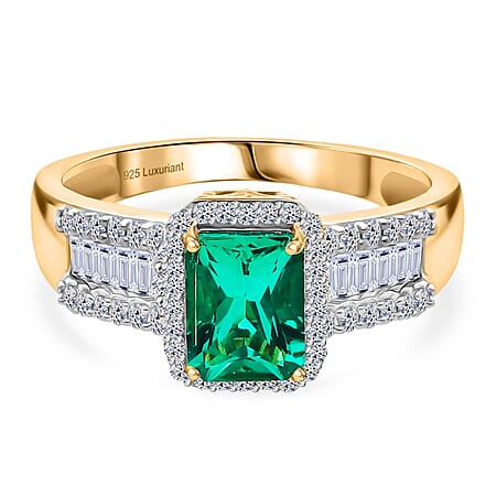AAA Lab Grown Colombian Emerald (1.30 Cts) & Lab Grown Diamond SI-GH Halo Ring in 18K Vermeil Yellow Gold Plated Sterling Silver 1.70 Ct