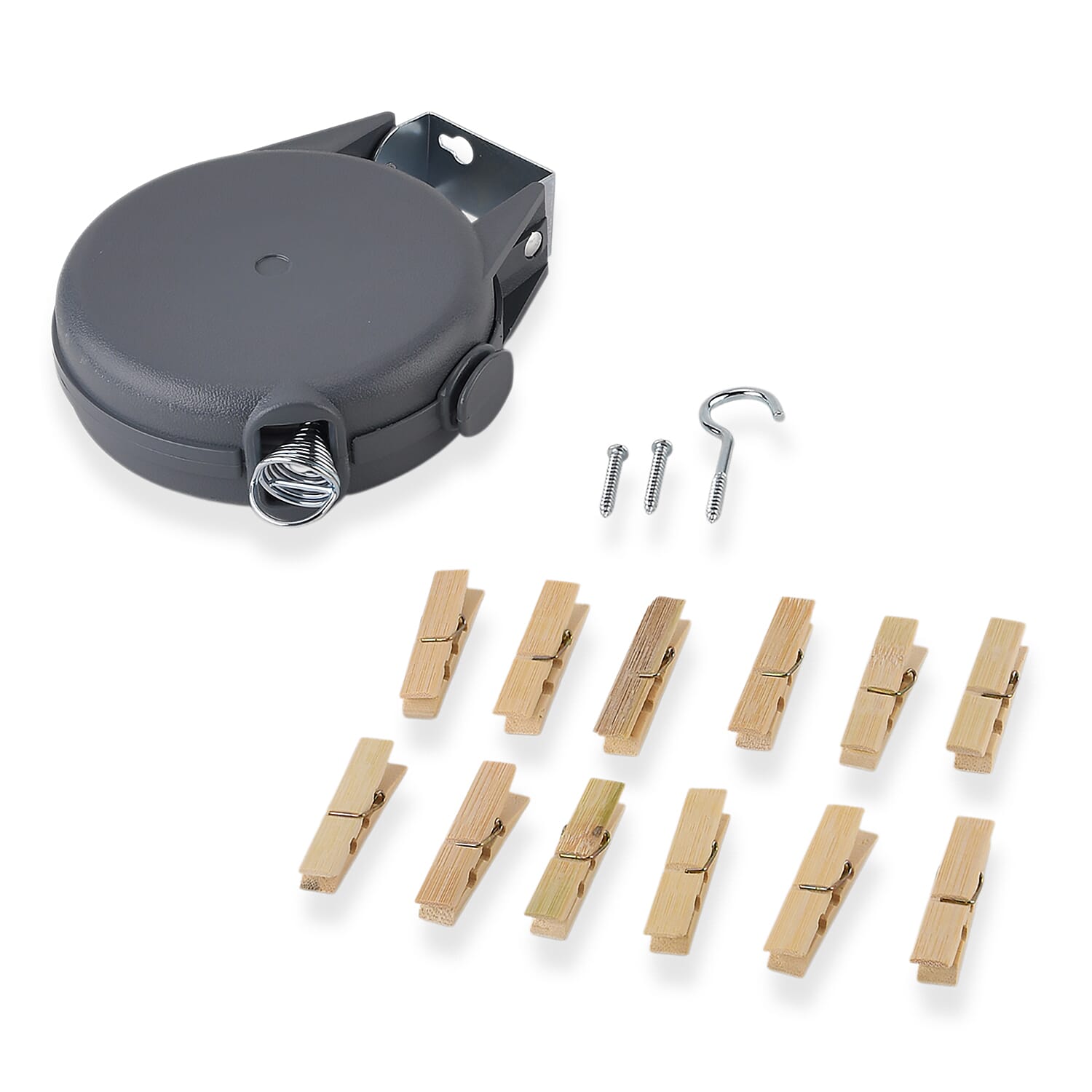 15m Retractable Clothesline Wall-Mounted Washing Line Kit with 12 Wooden Pegs - Fixings - Grey