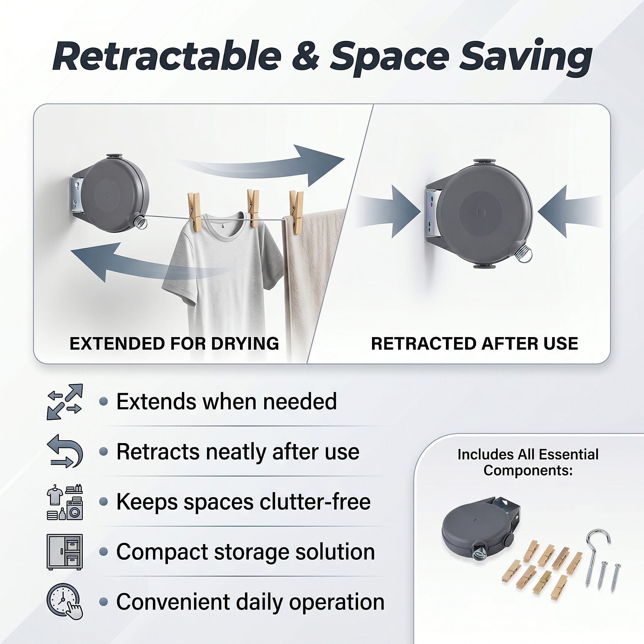 15m Retractable Clothesline Wall-Mounted Washing Line Kit with 12 Wooden Pegs - Fixings - Grey