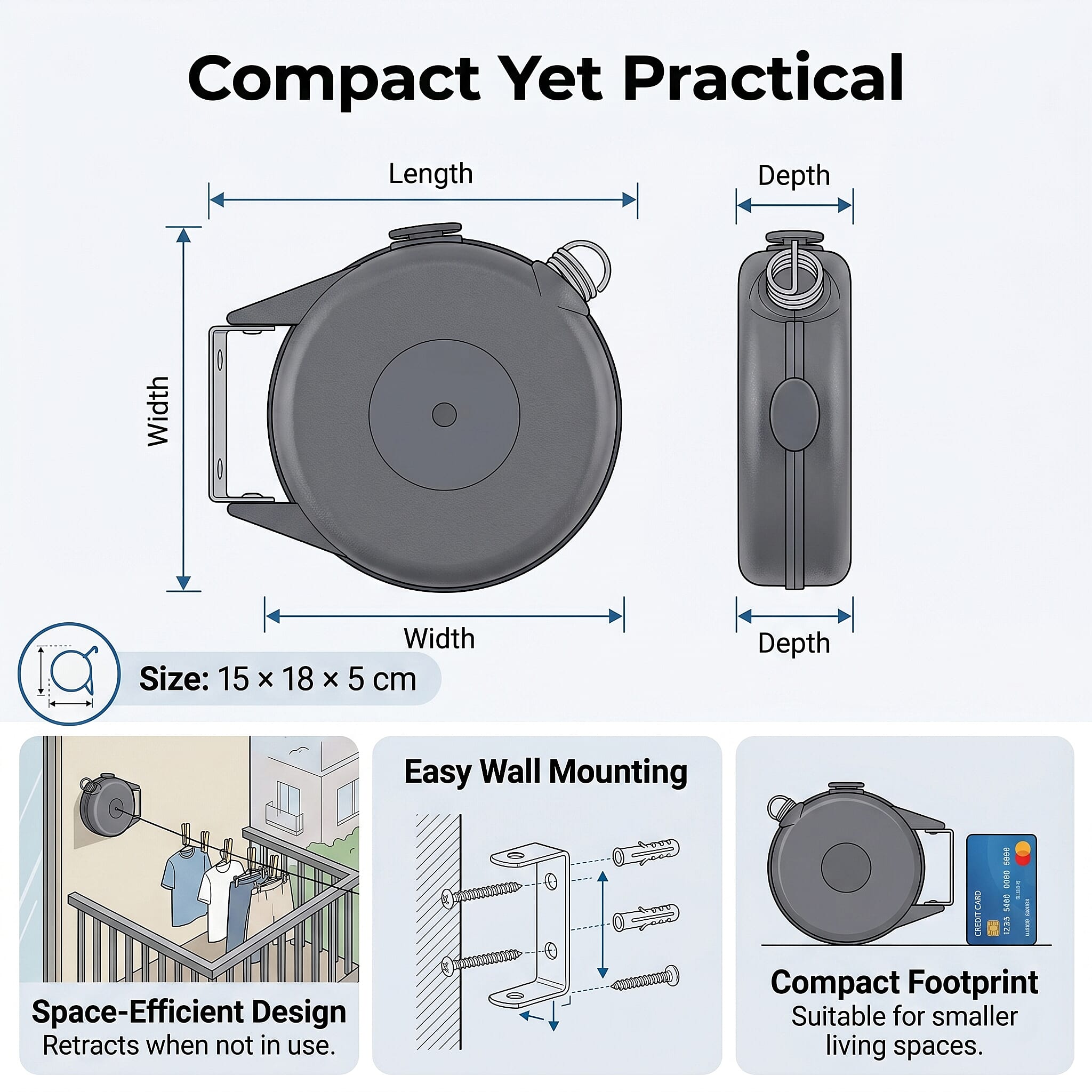 15m Retractable Clothesline Wall-Mounted Washing Line Kit with 12 Wooden Pegs - Fixings - Grey
