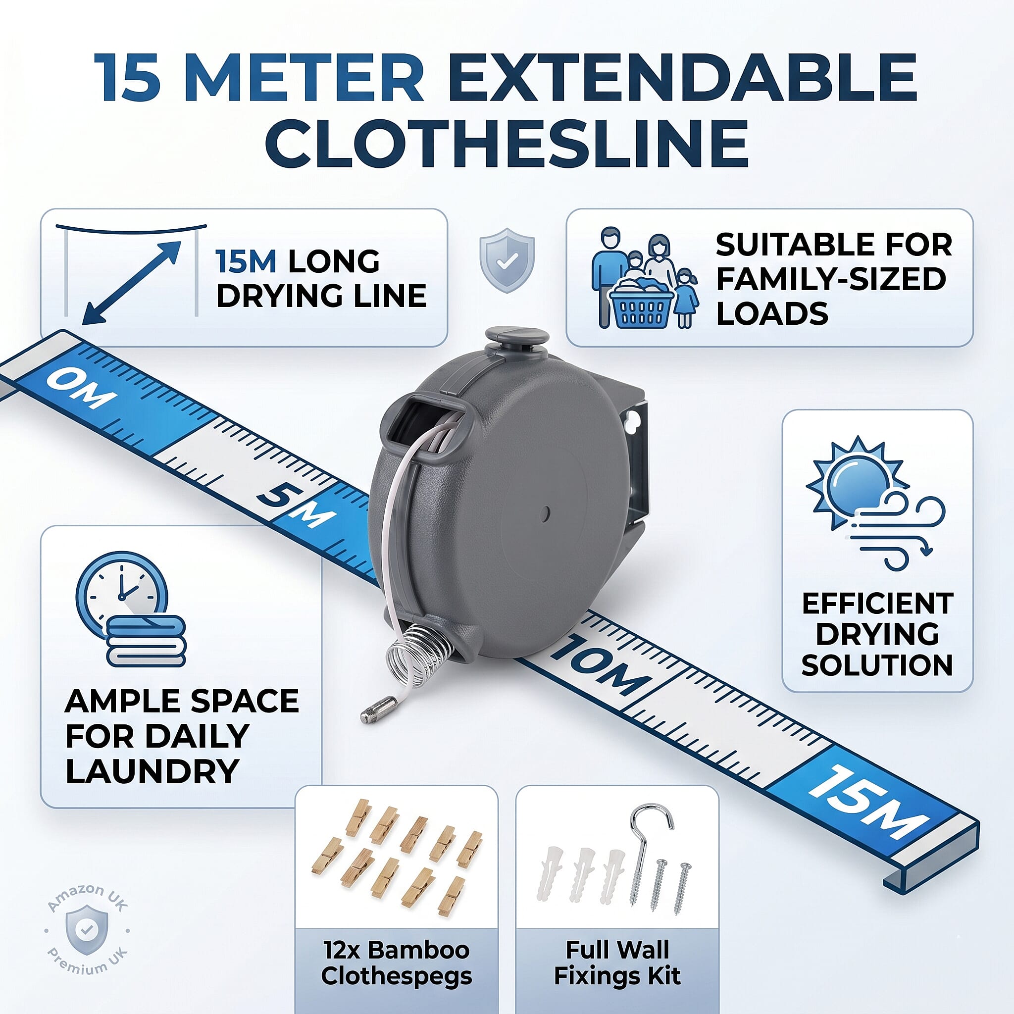 15m Retractable Clothesline Wall-Mounted Washing Line Kit with 12 Wooden Pegs - Fixings - Grey