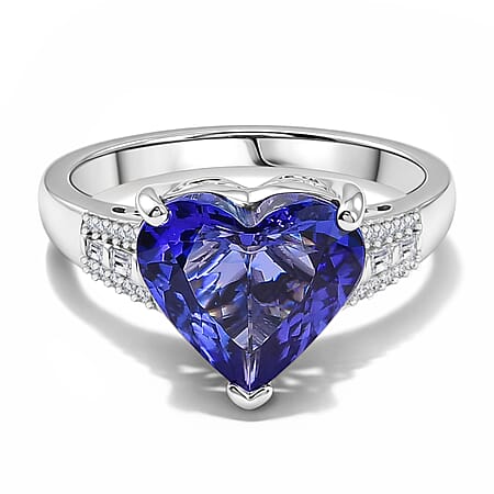 RHAPSODY 5 Ct. AAAA Tanzanite, White Diamond Heart Ring in 950 Platinum (EF, VS2)