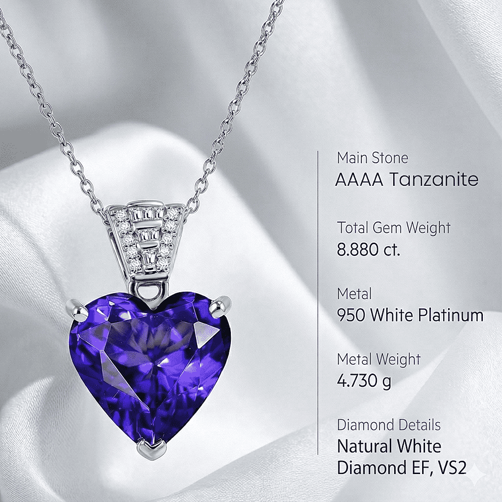 Rhapsody - 950 Platinum AAAA Tanzanite & VS-E-F White Diamond Solitaire Heart Pendant 8.88 Ct, Platinum Wt. 4.73 Gms