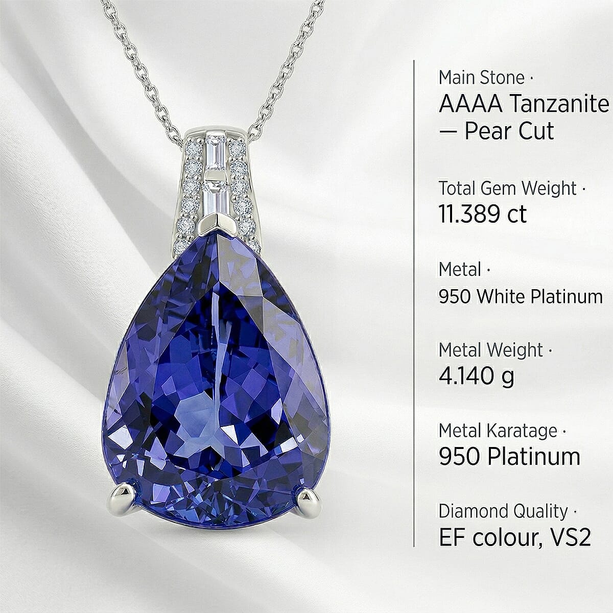 Rhapsody - 950 Platinum AAAA Tanzanite & VS-E-F White Diamond Solitaire Pendant 11.38 Ct, Platinum Wt. 4.14 Gms