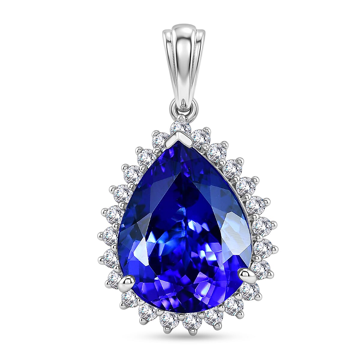 Rhapsody - 950 Platinum AAAA Tanzanite & VS-E-F White Diamond Pear Cut Halo Pendant 11.90 Ct, Platinum Wt. 5.50 Gms