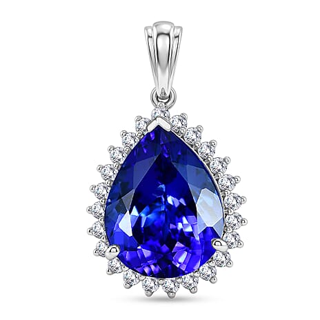 Rhapsody - 950 Platinum AAAA Tanzanite & VS-E-F White Diamond Pear Cut Halo Pendant 11.90 Ct, Platinum Wt. 5.50 Gms